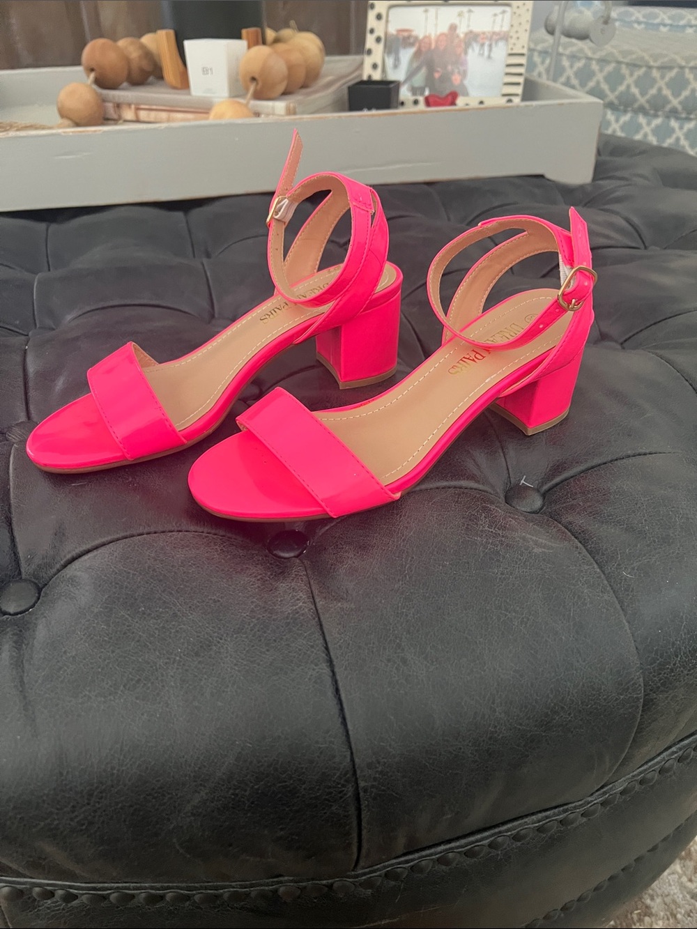 Hot Pink Block Heel Ankle Strap Sandals - Women
